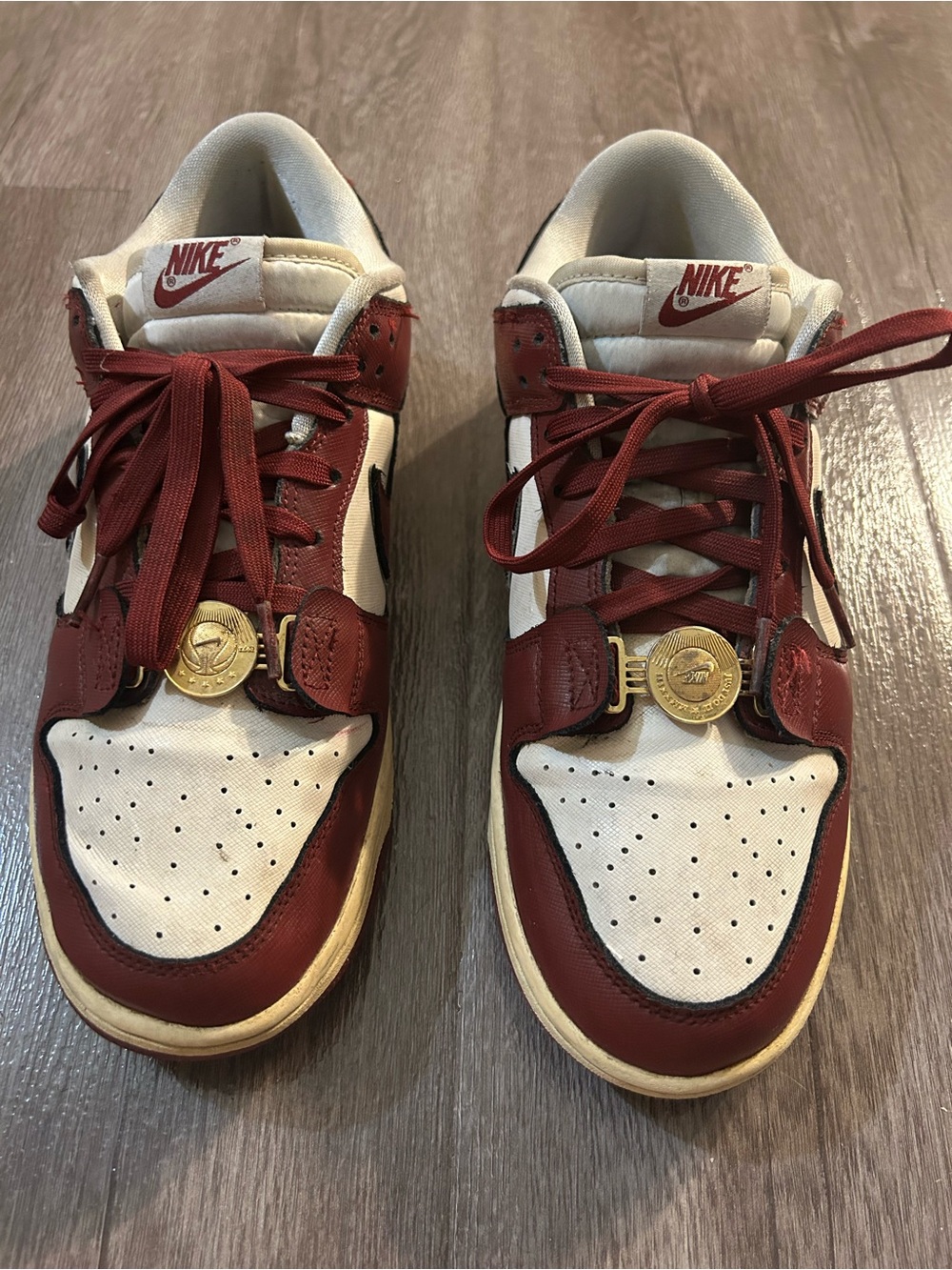 Nike Dunk Low-Top Sneakers in White and Burgundy with Gold Accents